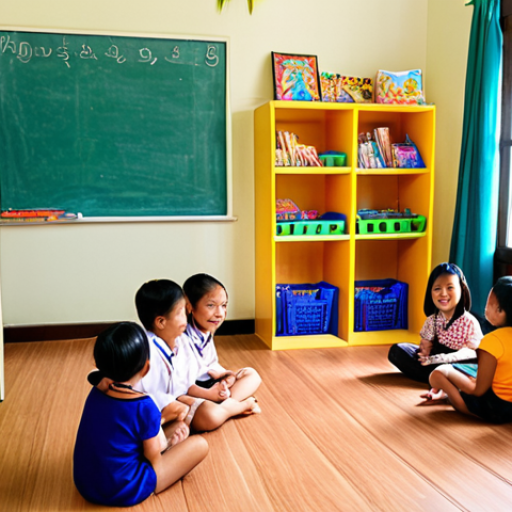 **A vibrant preschool classroom in Thailand. Sunlight streams in illuminating diverse learning corners: a reading nook with colorful Thai children's books, an art area filled with Thai-inspired crafts, and a science station with safe, engaging experiments. Happy children are actively learning and collaborating under the guidance of a smiling teacher.**