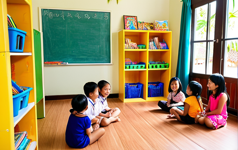 **A vibrant preschool classroom in Thailand. Sunlight streams in illuminating diverse learning corners: a reading nook with colorful Thai children's books, an art area filled with Thai-inspired crafts, and a science station with safe, engaging experiments. Happy children are actively learning and collaborating under the guidance of a smiling teacher.**