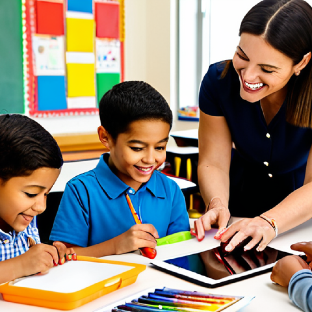 A professional early childhood educator, fully clothed in modest, professional dress, engaged in a creative indoor activity with a diverse group of happy children in a vibrant, sunlit classroom. The educator is guiding the children as they use colorful art supplies, with a tablet subtly integrated into a learning station showing an educational app. The scene emphasizes hands-on learning and joyful interaction. safe for work, appropriate content, fully clothed, professional, family-friendly, perfect anatomy, correct proportions, natural pose, well-formed hands, proper finger count, natural body proportions, high quality, professional photography.