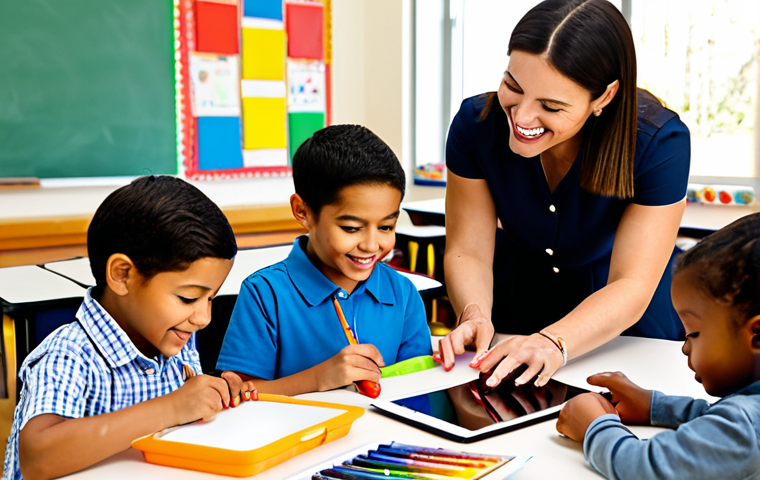 A professional early childhood educator, fully clothed in modest, professional dress, engaged in a creative indoor activity with a diverse group of happy children in a vibrant, sunlit classroom. The educator is guiding the children as they use colorful art supplies, with a tablet subtly integrated into a learning station showing an educational app. The scene emphasizes hands-on learning and joyful interaction. safe for work, appropriate content, fully clothed, professional, family-friendly, perfect anatomy, correct proportions, natural pose, well-formed hands, proper finger count, natural body proportions, high quality, professional photography.