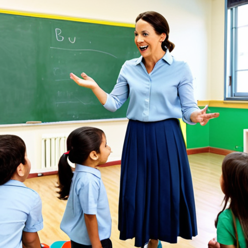 ** A professional kindergarten teacher in a bright and welcoming classroom, interacting with children during playtime. She is fully clothed in modest attire, demonstrating a fun and engaging activity. Safe for work, appropriate content, perfect anatomy, natural proportions, family-friendly.
**