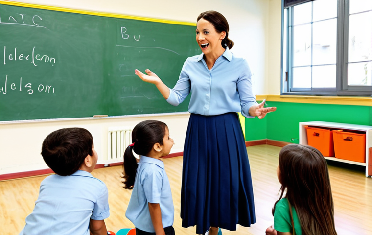 ** A professional kindergarten teacher in a bright and welcoming classroom, interacting with children during playtime. She is fully clothed in modest attire, demonstrating a fun and engaging activity. Safe for work, appropriate content, perfect anatomy, natural proportions, family-friendly.
**