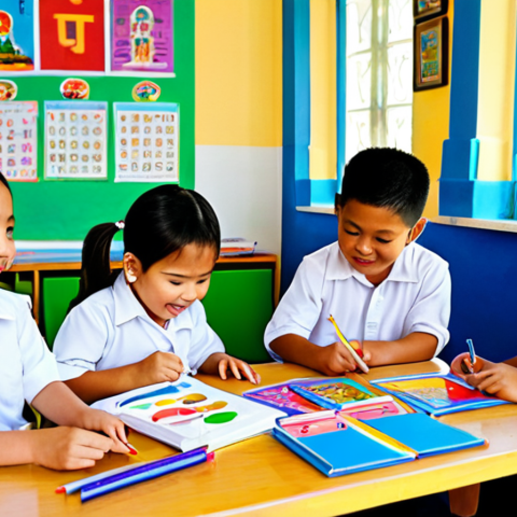Playful Learning in a Thai Kindergarten**

"A bright and colorful kindergarten classroom in Thailand. Young children, fully clothed in cheerful, age-appropriate outfits, are engaging in various learning activities: playing with wooden toys, drawing with crayons, and reading Thai storybooks. The classroom is decorated with Thai alphabet posters and traditional Thai art.  Sunlight streams through the windows, creating a warm and inviting atmosphere.  Perfect anatomy, correct proportions, natural pose, safe for work, appropriate content, fully clothed, family-friendly, professional photography, high quality."

**