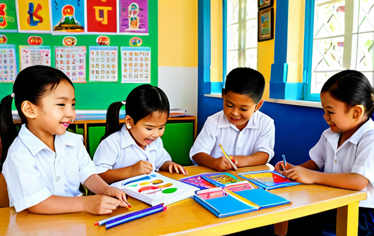 Playful Learning in a Thai Kindergarten**
"A bright and colorful kindergarten classroom in Thailand. Young children, fully clothed in cheerful, age-appropriate outfits, are engaging in various learning activities: playing with wooden toys, drawing with crayons, and reading Thai storybooks. The classroom is decorated with Thai alphabet posters and traditional Thai art. Sunlight streams through the windows, creating a warm and inviting atmosphere. Perfect anatomy, correct proportions, natural pose, safe for work, appropriate content, fully clothed, family-friendly, professional photography, high quality."
**
