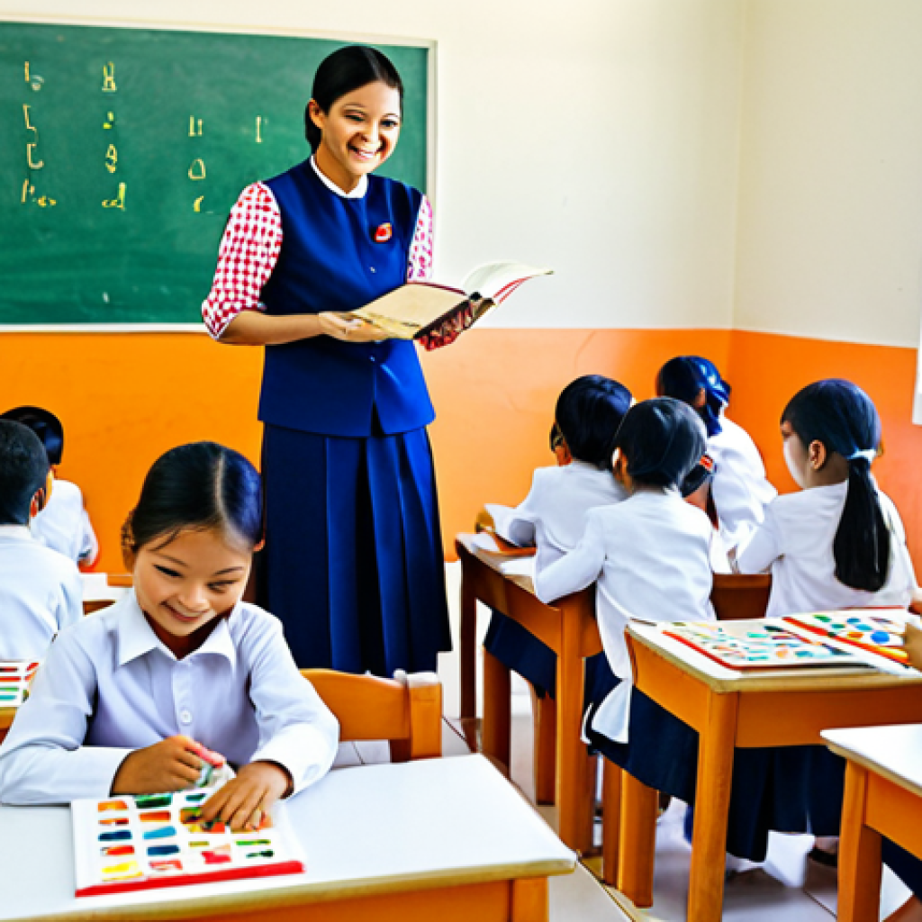 **
A brightly lit kindergarten classroom in Thailand. Young children (ages 4-5), fully clothed in modest attire, are happily engaged in various activities: painting traditional Thai crafts, reading picture books, and building with blocks. The teacher, also fully clothed in professional dress, is smiling and interacting with the children. The classroom is decorated with colorful alphabet charts in Thai and student artwork. Focus on perfect anatomy, correct proportions, natural poses. Safe for work, appropriate content, family-friendly, professional photography, high quality.
**