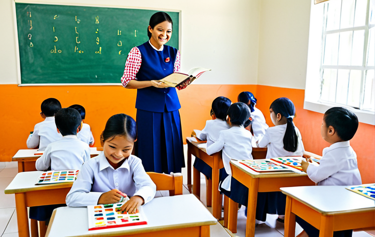 **
A brightly lit kindergarten classroom in Thailand. Young children (ages 4-5), fully clothed in modest attire, are happily engaged in various activities: painting traditional Thai crafts, reading picture books, and building with blocks. The teacher, also fully clothed in professional dress, is smiling and interacting with the children. The classroom is decorated with colorful alphabet charts in Thai and student artwork. Focus on perfect anatomy, correct proportions, natural poses. Safe for work, appropriate content, family-friendly, professional photography, high quality.
**