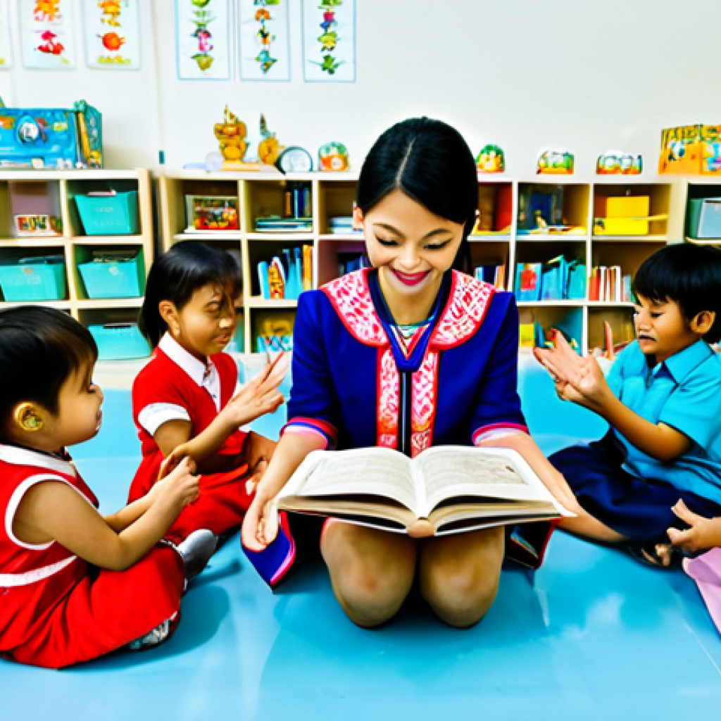 **
"A Thai kindergarten teacher in a brightly colored, fully clothed outfit, reading a storybook to a group of diverse children in a modern, well-lit classroom. The classroom features playful decorations inspired by Thai culture. Safe for work, appropriate content, professional, family-friendly, perfect anatomy, correct proportions, well-formed hands, proper finger count, natural body proportions, modest clothing."
**
