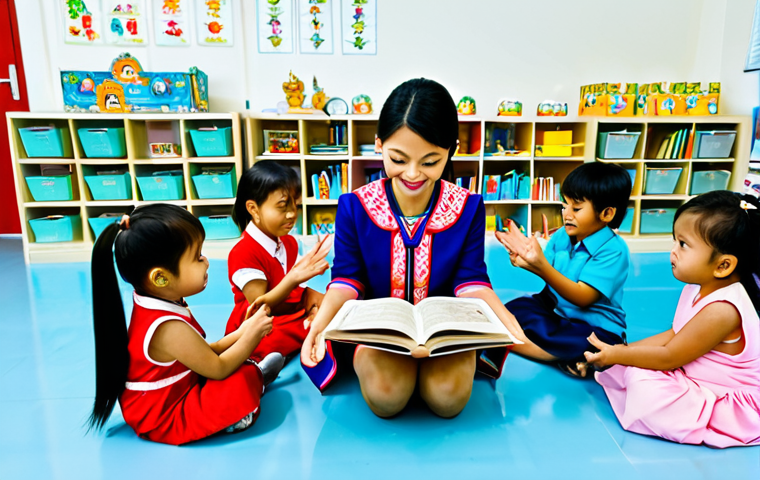 **

"A Thai kindergarten teacher in a brightly colored, fully clothed outfit, reading a storybook to a group of diverse children in a modern, well-lit classroom. The classroom features playful decorations inspired by Thai culture. Safe for work, appropriate content, professional, family-friendly, perfect anatomy, correct proportions, well-formed hands, proper finger count, natural body proportions, modest clothing."

**