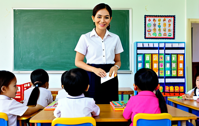 A Thai Kindergarten Teacher**

"A professional Thai kindergarten teacher, fully clothed in a modest and respectful teacher's uniform, interacting with young children in a bright and colorful classroom filled with traditional Thai toys and learning materials. Safe for work, appropriate content, perfect anatomy, natural proportions, family-friendly."

**
