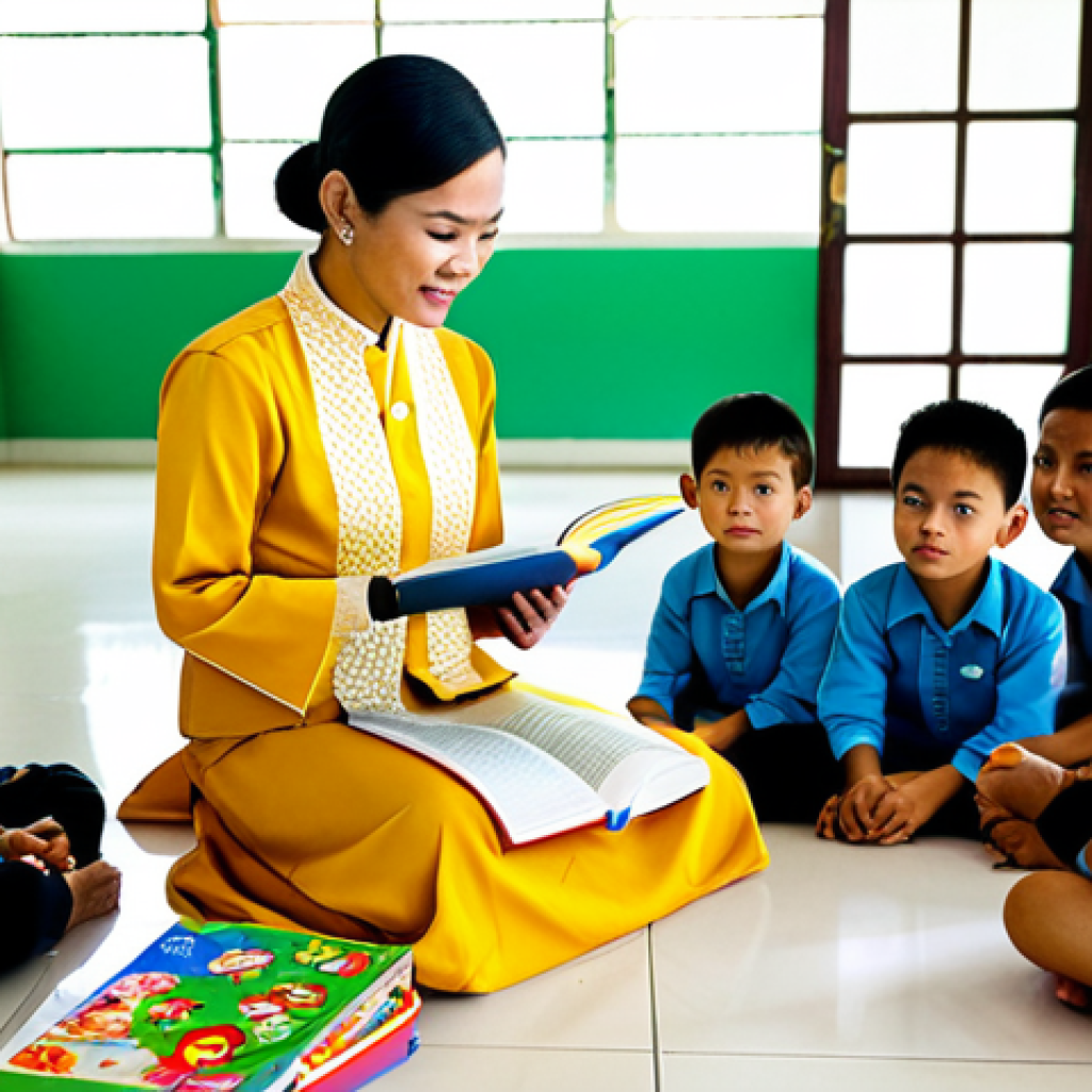 **Prompt:** A professional Thai nanny in a modest, traditional Thai dress, reading a story to a group of young children in a bright, colorful classroom filled with toys and educational materials. The classroom is clean and well-organized, with sunshine streaming through the windows. Fully clothed, appropriate content, safe for work, perfect anatomy, natural proportions, family-friendly, professional.