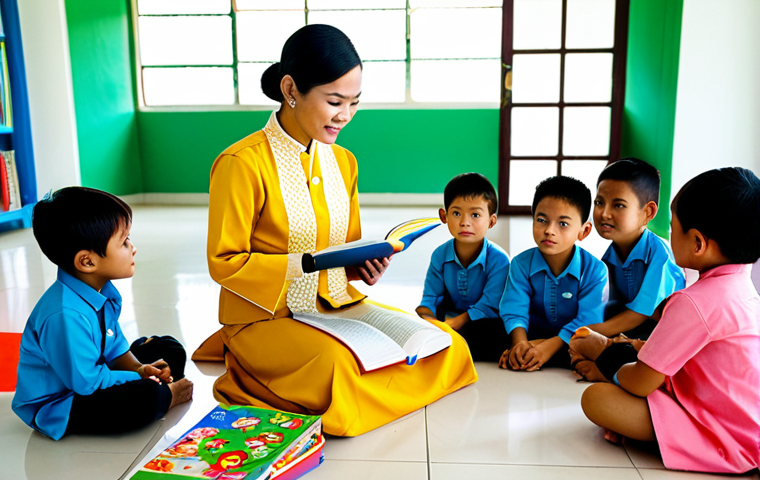 **Prompt:** A professional Thai nanny in a modest, traditional Thai dress, reading a story to a group of young children in a bright, colorful classroom filled with toys and educational materials. The classroom is clean and well-organized, with sunshine streaming through the windows. Fully clothed, appropriate content, safe for work, perfect anatomy, natural proportions, family-friendly, professional.
