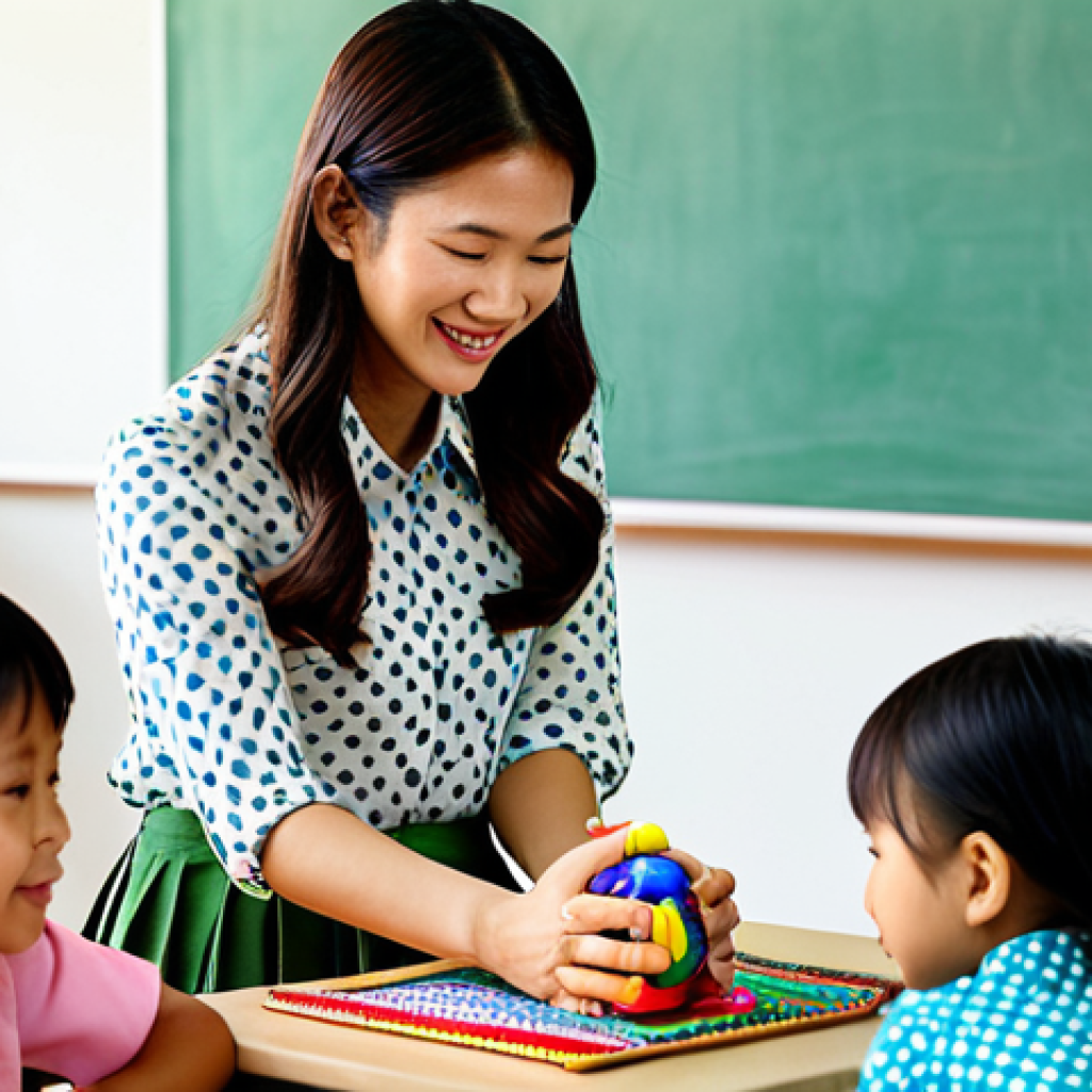 유아교육지도사 실기 시험 준비에 유용한 앱 - **Prompt:** A Thai kindergarten teacher in a colorful, modest blouse and skirt, interacting with chi...