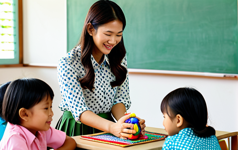 유아교육지도사 실기 시험 준비에 유용한 앱 - **Prompt:** A Thai kindergarten teacher in a colorful, modest blouse and skirt, interacting with chi...