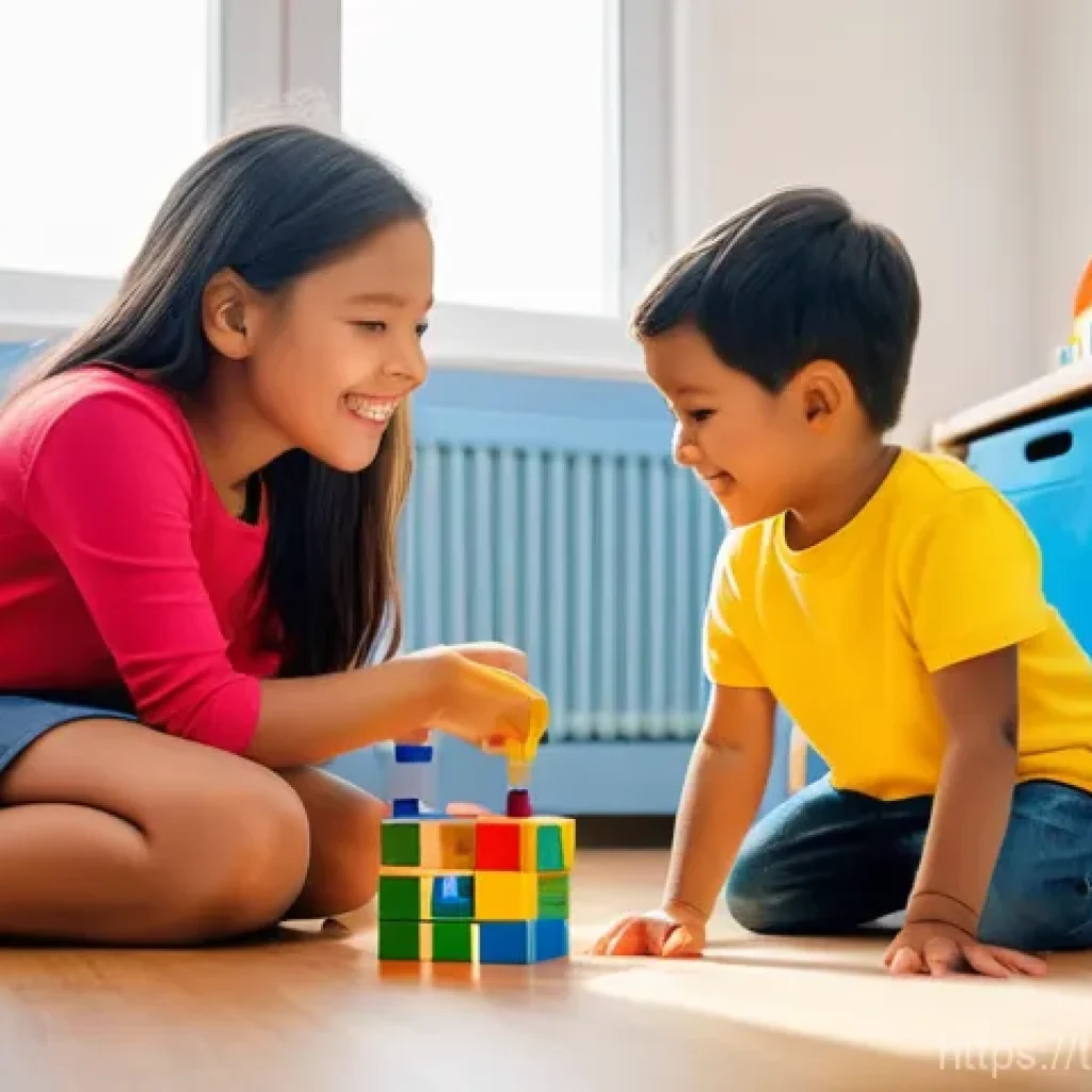 유아교육지도사로서의 첫 근무 경험 공유 - **A warm and welcoming kindergarten classroom scene.** A kind, smiling female early childhood teache...