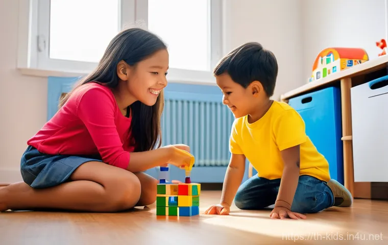 유아교육지도사로서의 첫 근무 경험 공유 - **A warm and welcoming kindergarten classroom scene.** A kind, smiling female early childhood teache...