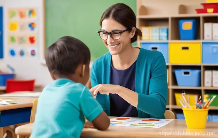 유아교육지도사로서의 첫 근무 경험 공유 - **A warm and welcoming kindergarten classroom scene.** A kind, smiling female early childhood teache... 유아교육지도사로서의 첫 근무 경험 공유 - **A warm and welcoming kindergarten classroom scene.** A kind, smiling female early childhood teache...