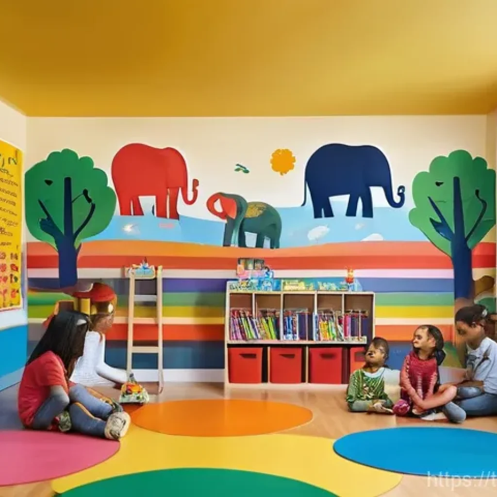 유아교육지도사 강의 중 활용할 수 있는 프레젠테이션 팁 - **Prompt:** A vibrant, colorful kindergarten classroom buzzing with activity. A cheerful female teac...