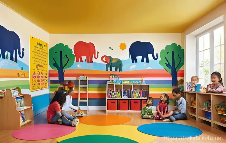 유아교육지도사 강의 중 활용할 수 있는 프레젠테이션 팁 - **Prompt:** A vibrant, colorful kindergarten classroom buzzing with activity. A cheerful female teac...