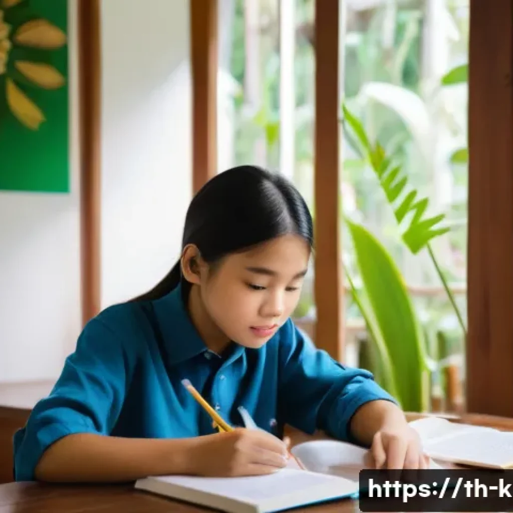 유아교육지도사 자격증 시험 고득점 성공 사례 - A focused young Thai student sitting at a wooden desk in a cozy room, organizing study materials wit...