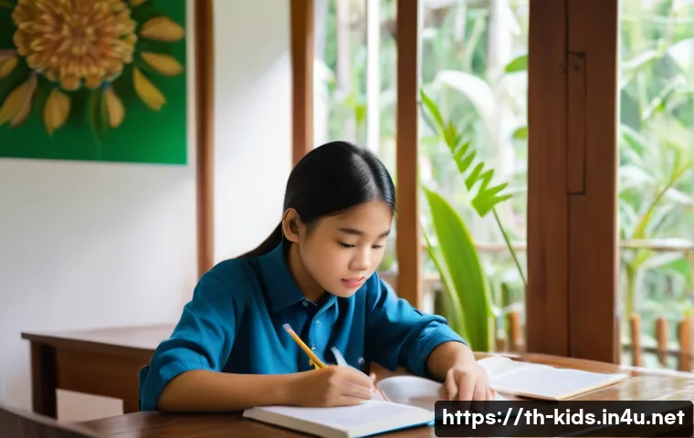 유아교육지도사 자격증 시험 고득점 성공 사례 - A focused young Thai student sitting at a wooden desk in a cozy room, organizing study materials wit...