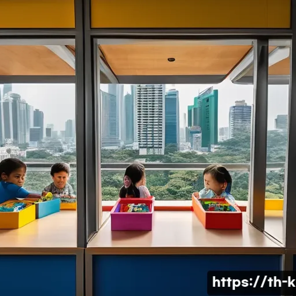 유아교육지도사로서 근무 지역별 장단점 - A vibrant urban childcare center in Bangkok, showing a diverse group of young children playing and l...