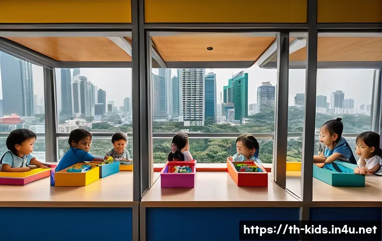 유아교육지도사로서 근무 지역별 장단점 - A vibrant urban childcare center in Bangkok, showing a diverse group of young children playing and l...