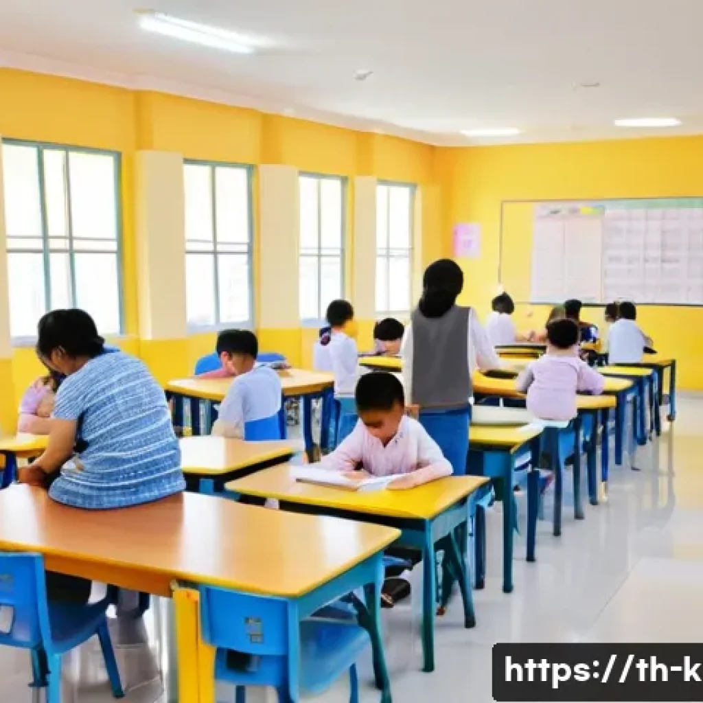 유아교육지도사 실기시험 시험장 분위기 - A brightly lit kindergarten teacher skills exam room in Thailand, showing a diverse group of adult c...