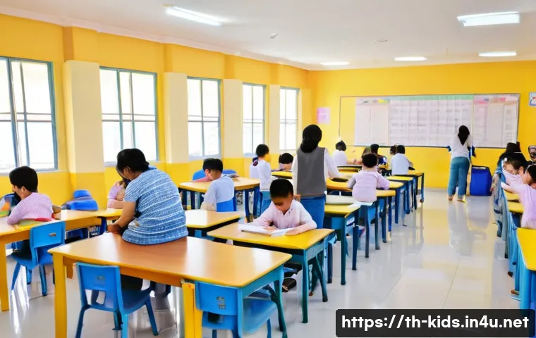 유아교육지도사 실기시험 시험장 분위기 - A brightly lit kindergarten teacher skills exam room in Thailand, showing a diverse group of adult c...