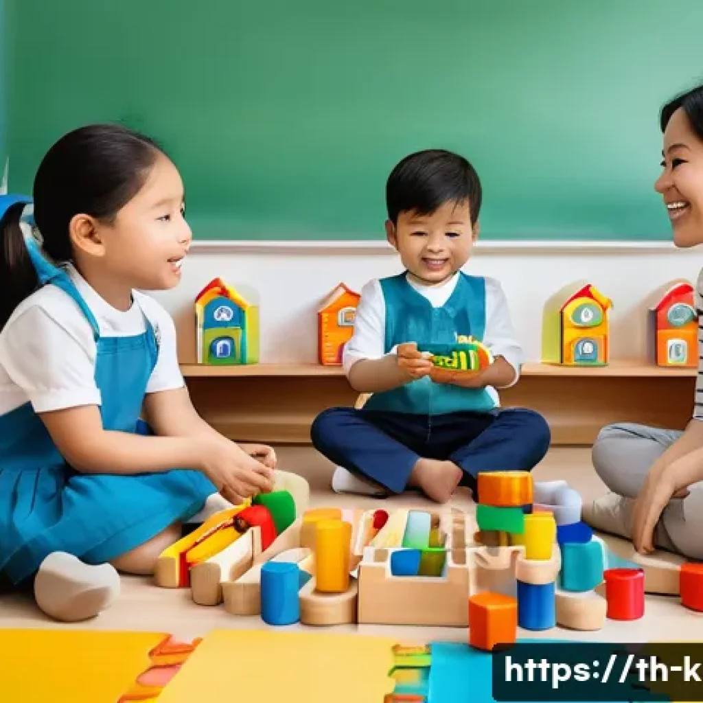 유아교육지도사로서 직무 만족도 높이는 법 - A warm and friendly preschool classroom scene in Thailand, showing a diverse team of early childhood...