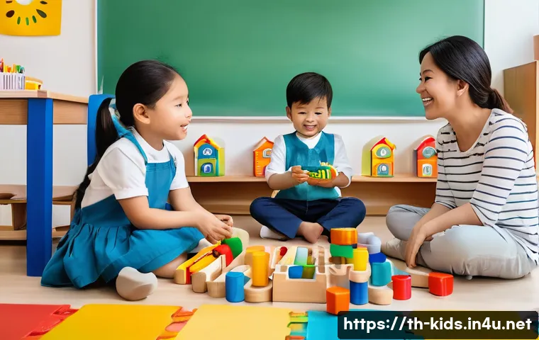유아교육지도사로서 직무 만족도 높이는 법 - A warm and friendly preschool classroom scene in Thailand, showing a diverse team of early childhood...