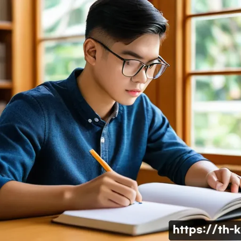 유아교육지도사 자격증 준비 시 학습 동기 유지법 - A focused Thai student studying in a quiet, well-lit library with modern wooden bookshelves and larg...