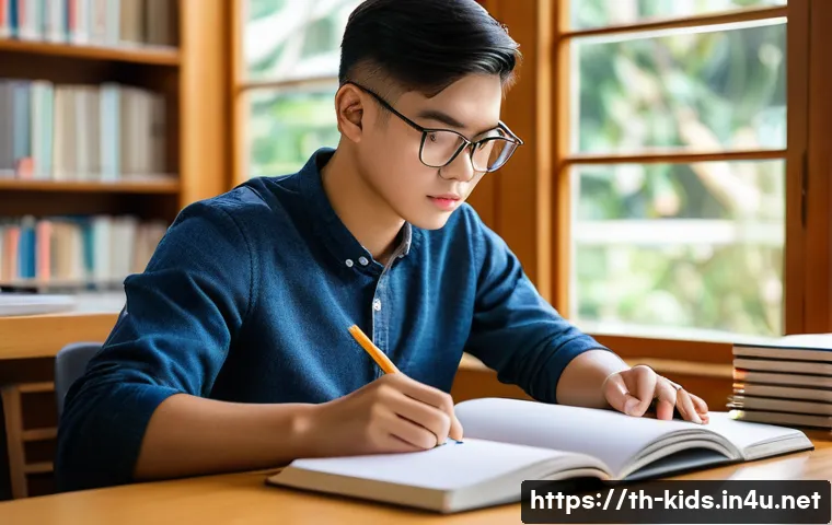 유아교육지도사 자격증 준비 시 학습 동기 유지법 - A focused Thai student studying in a quiet, well-lit library with modern wooden bookshelves and larg...