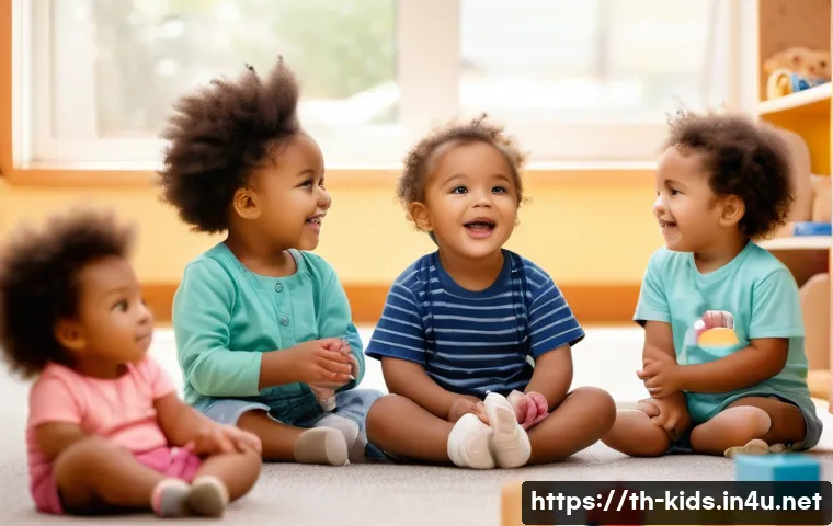 유아교육지도사 관련 동영상 콘텐츠 제작법 - A warm and inviting early childhood classroom scene featuring a diverse group of toddlers wearing co...