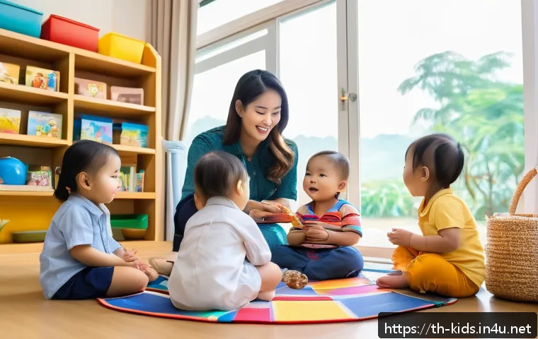 유아교육지도사 자격증 취득 이후 진로 선택 - A warm and lively daycare center scene in Thailand, featuring a professional female early childhood ...