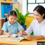 Home 21 유아교육지도사 자격증 시험과 보육교사 시험 비교 - A bright and colorful kindergarten classroom scene featuring a creative and patient female preschool...