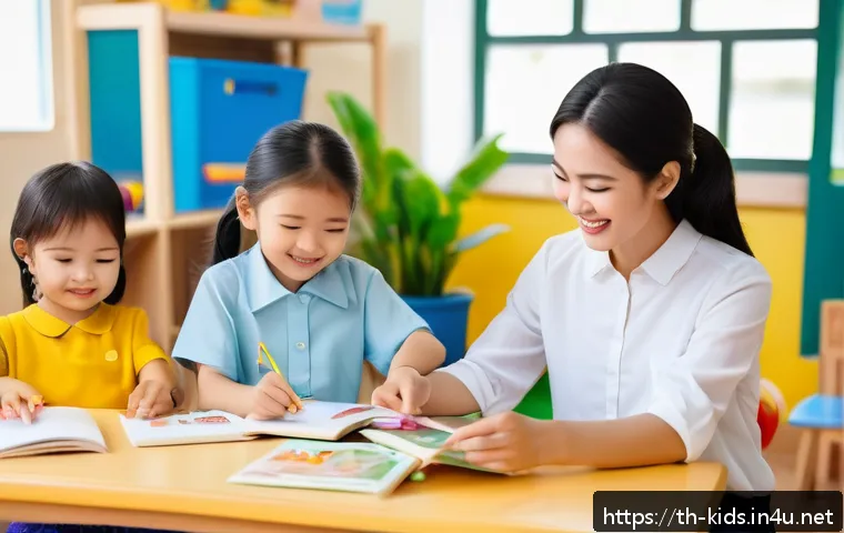 유아교육지도사 자격증 시험과 보육교사 시험 비교 - A bright and colorful kindergarten classroom scene featuring a creative and patient female preschool...