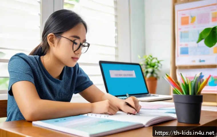 유아교육지도사 자격증 시험 합격률 - A focused young adult Thai student studying at a wooden desk in a bright, cozy room decorated with c...