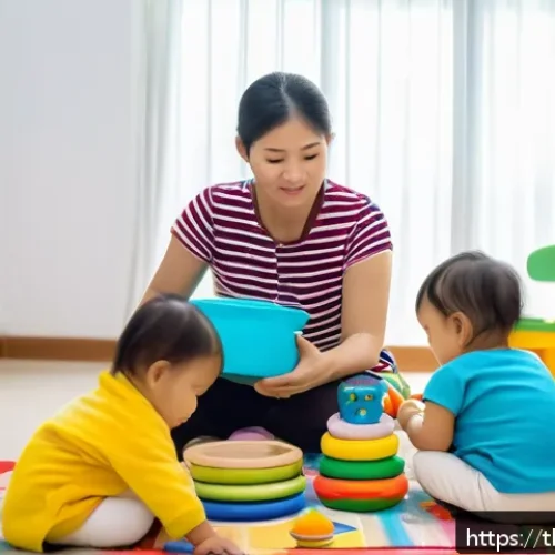 Home 30 유아교육지도사 취업 후 첫 1년 계획 - A warm, bright daycare classroom scene in Thailand, showing a female caregiver attentively observing...