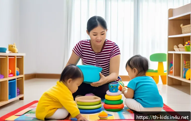 유아교육지도사 취업 후 첫 1년 계획 - A warm, bright daycare classroom scene in Thailand, showing a female caregiver attentively observing...