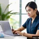 Home 23 유아교육지도사 이직 시 고려해야 할 사항 - A professional Thai woman in her early 30s, wearing smart casual office attire, sitting at a desk su...