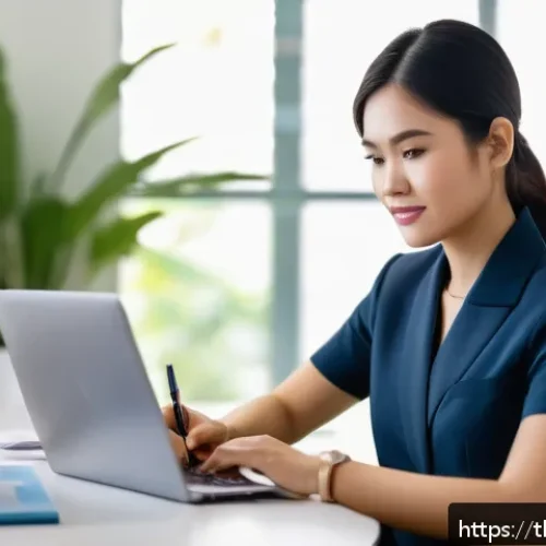 Home 29 유아교육지도사 이직 시 고려해야 할 사항 - A professional Thai woman in her early 30s, wearing smart casual office attire, sitting at a desk su...