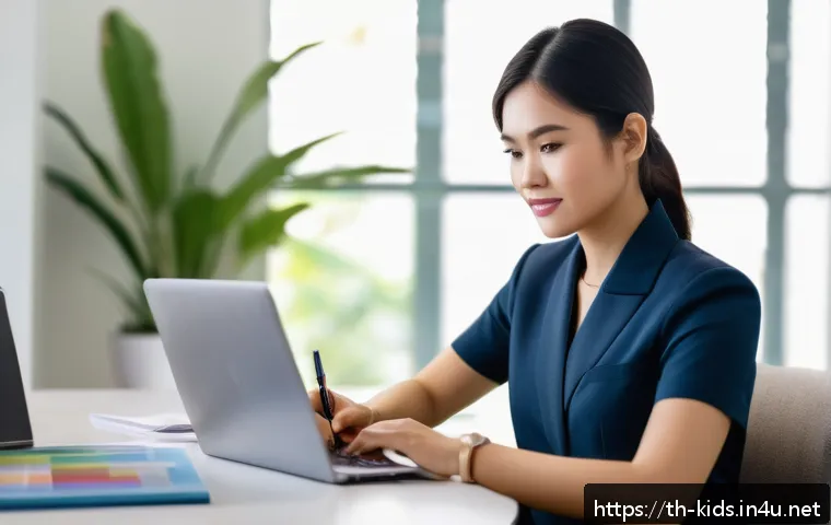 유아교육지도사 이직 시 고려해야 할 사항 - A professional Thai woman in her early 30s, wearing smart casual office attire, sitting at a desk su...