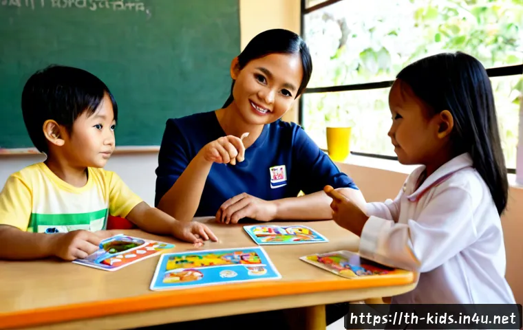 유아교육지도사로서의 언어 발달 교육법 - Photorealistic Thai early childhood educator seated at a low table with four preschool children, usi...