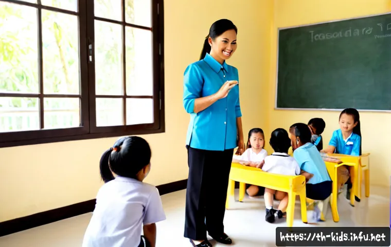 유아교육지도사 근무 형태별 장단점 - Photorealistic Thai early childhood educator leading a small group of preschool children in a bright...