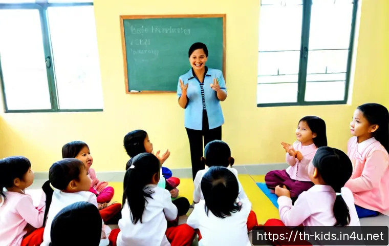Home 17 유아교육지도사로서의 강의 기술 심화 학습법 - Photorealistic early childhood education instructor in a bright Thai preschool classroom, a warm and...